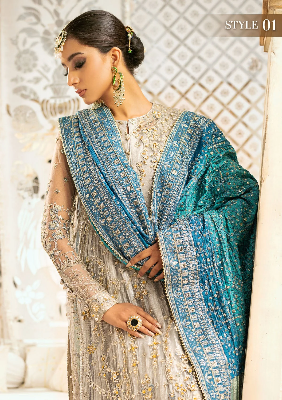 Grey Gharara with Light Blue Embroidered Dupatta | Stitched by Rang