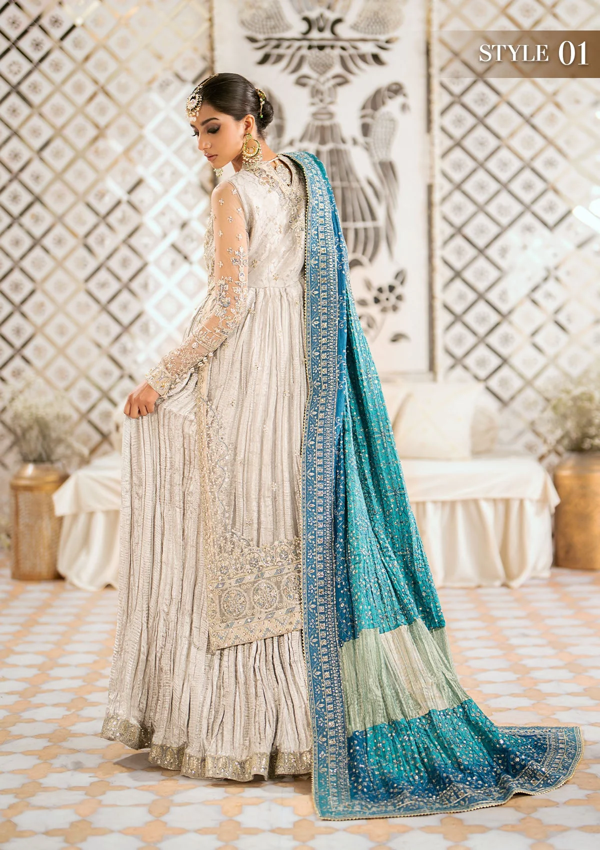 Grey Gharara with Light Blue Embroidered Dupatta | Stitched by Rang