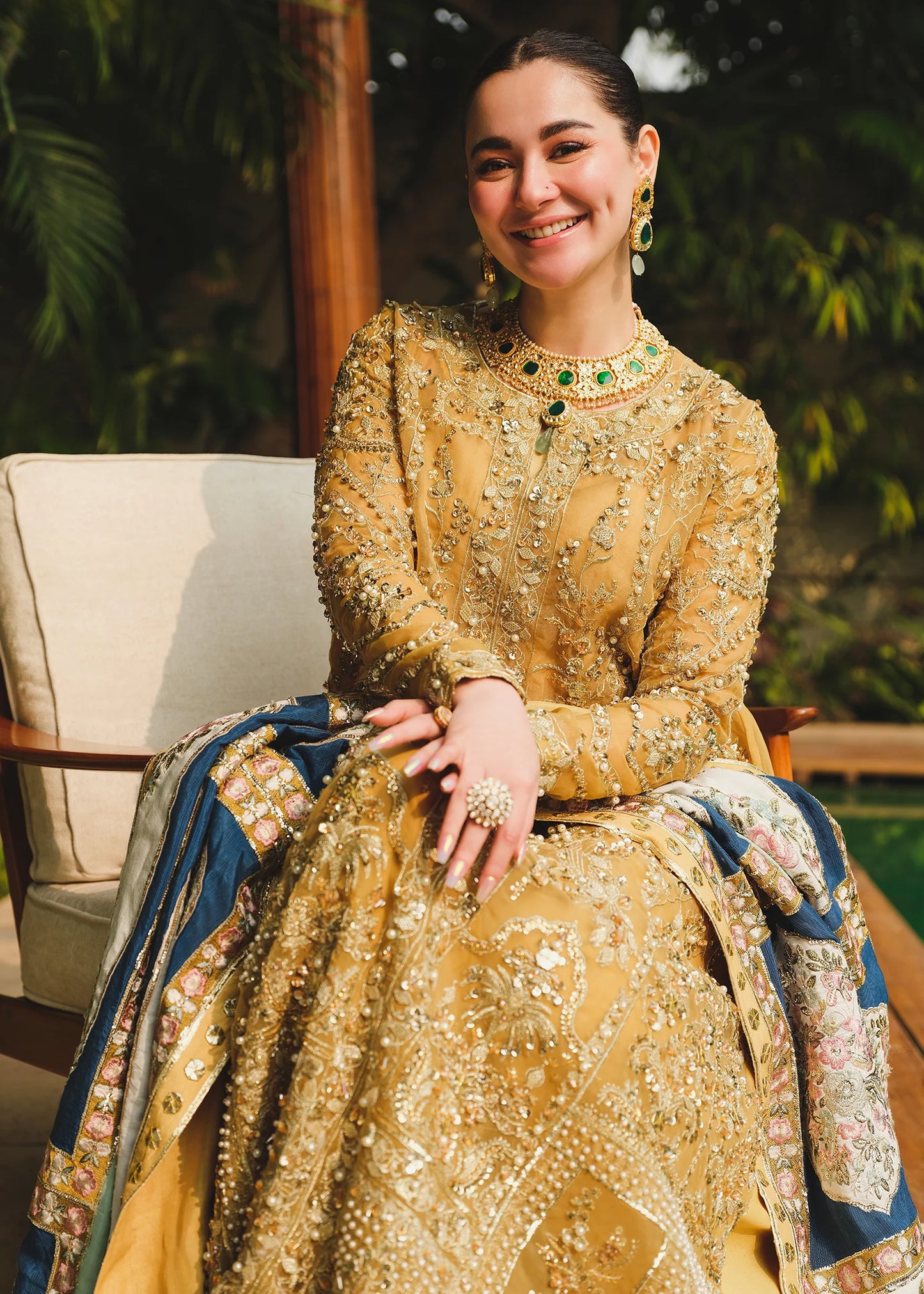 Saira Shakira Wedding Wear- Stitched Mustard Dress with Blue Dupatta | Stitched by Rnag