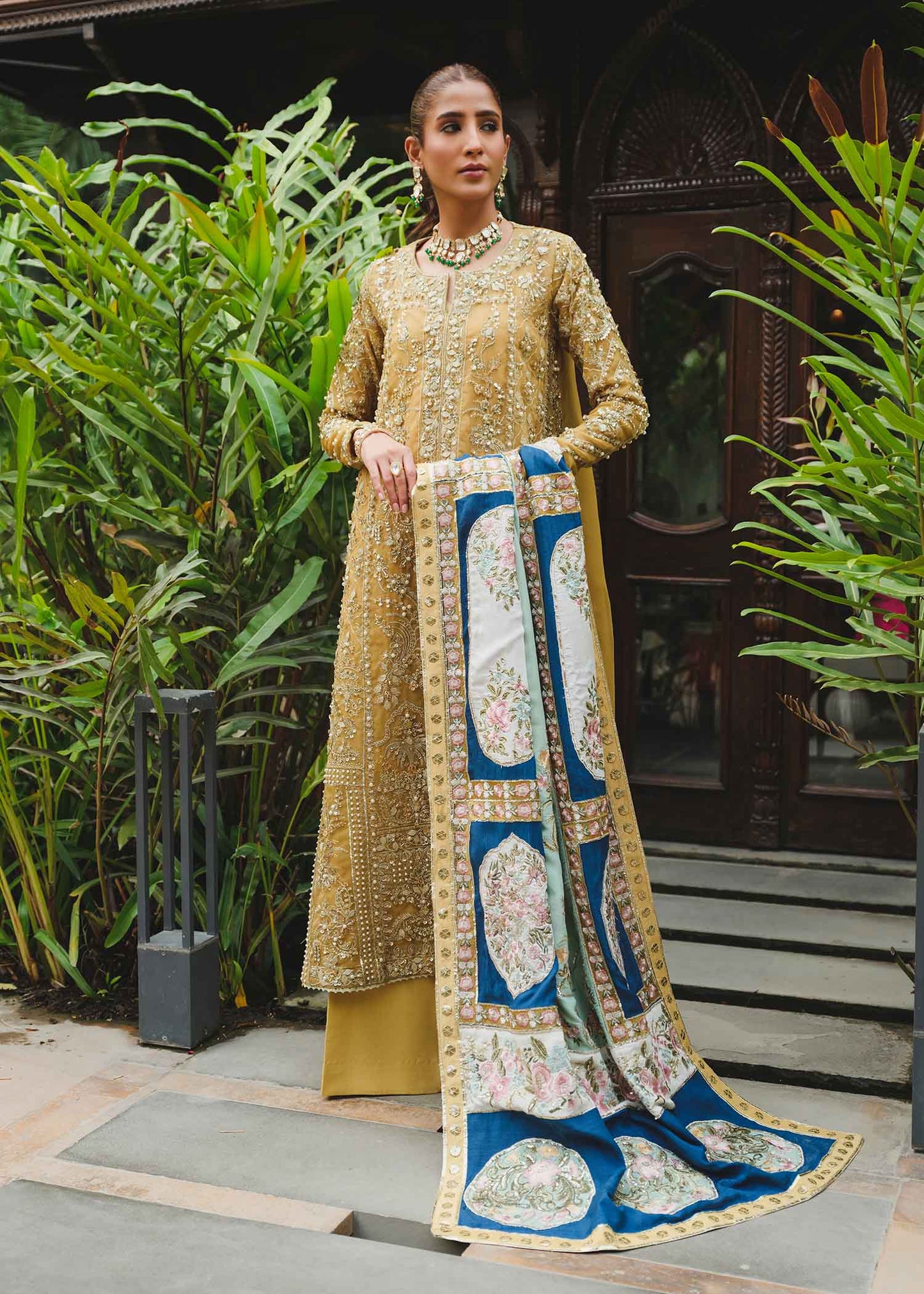 Saira Shakira Wedding Wear- Stitched Mustard Dress with Blue Dupatta | Stitched by Rnag