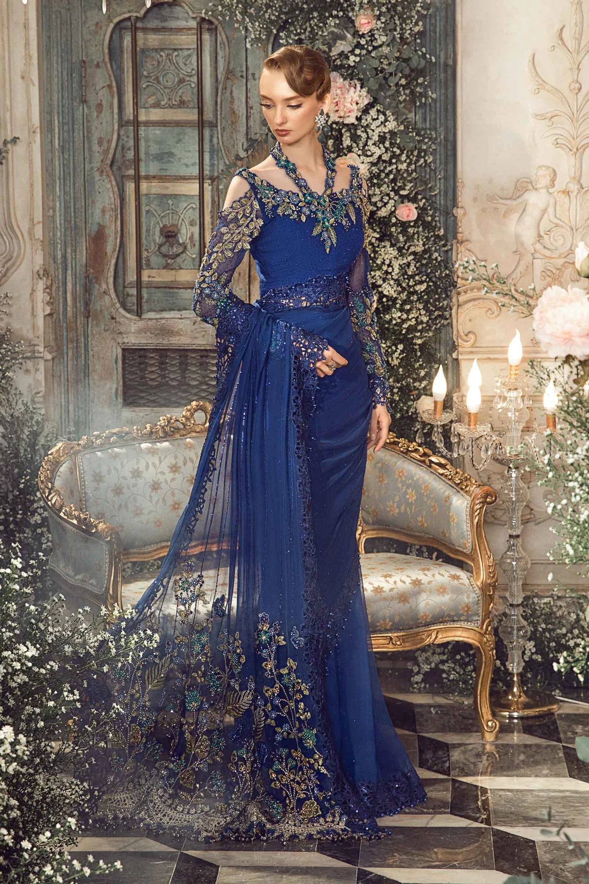 Maria B. | Stitched by Rang | Mbroidered Saree | Inspired | Cobalt Blue BD-2704