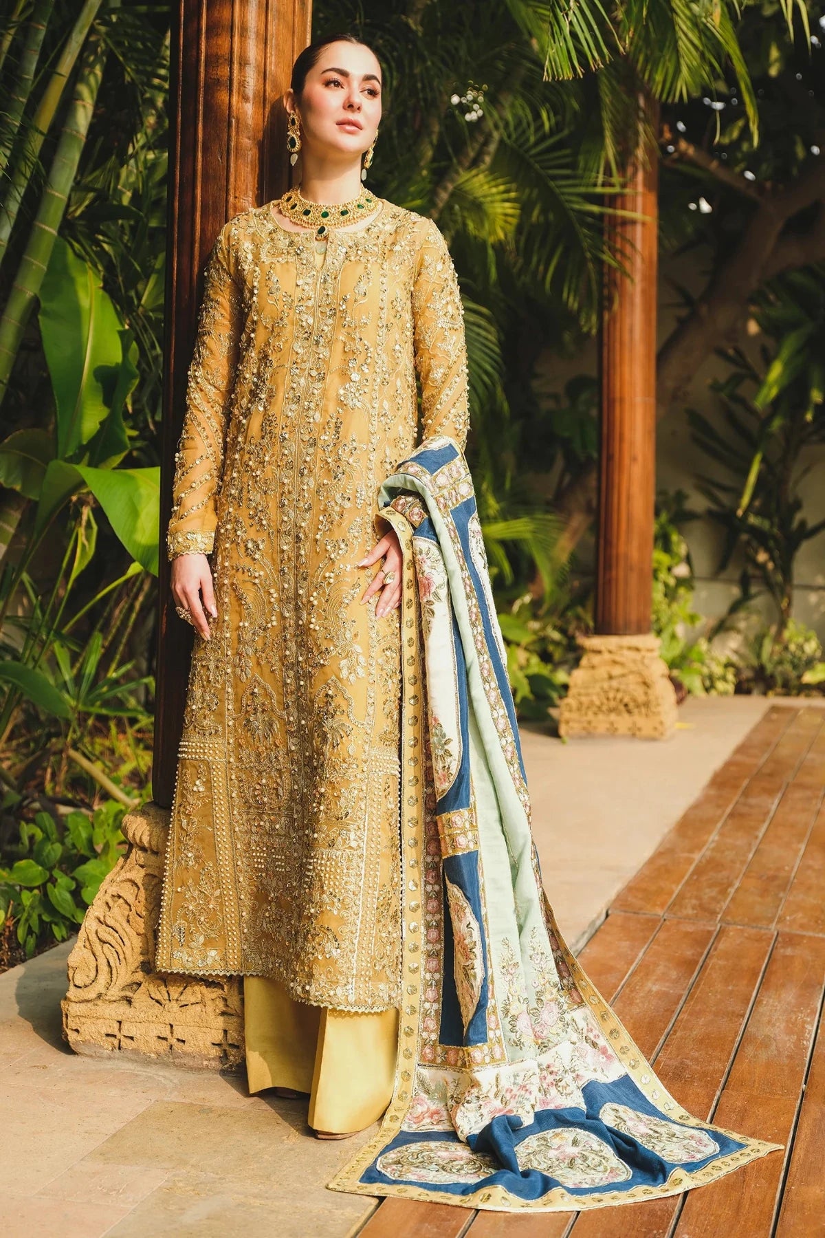 Saira Shakira Wedding Wear- Stitched Mustard Dress with Blue Dupatta | Stitched by Rnag