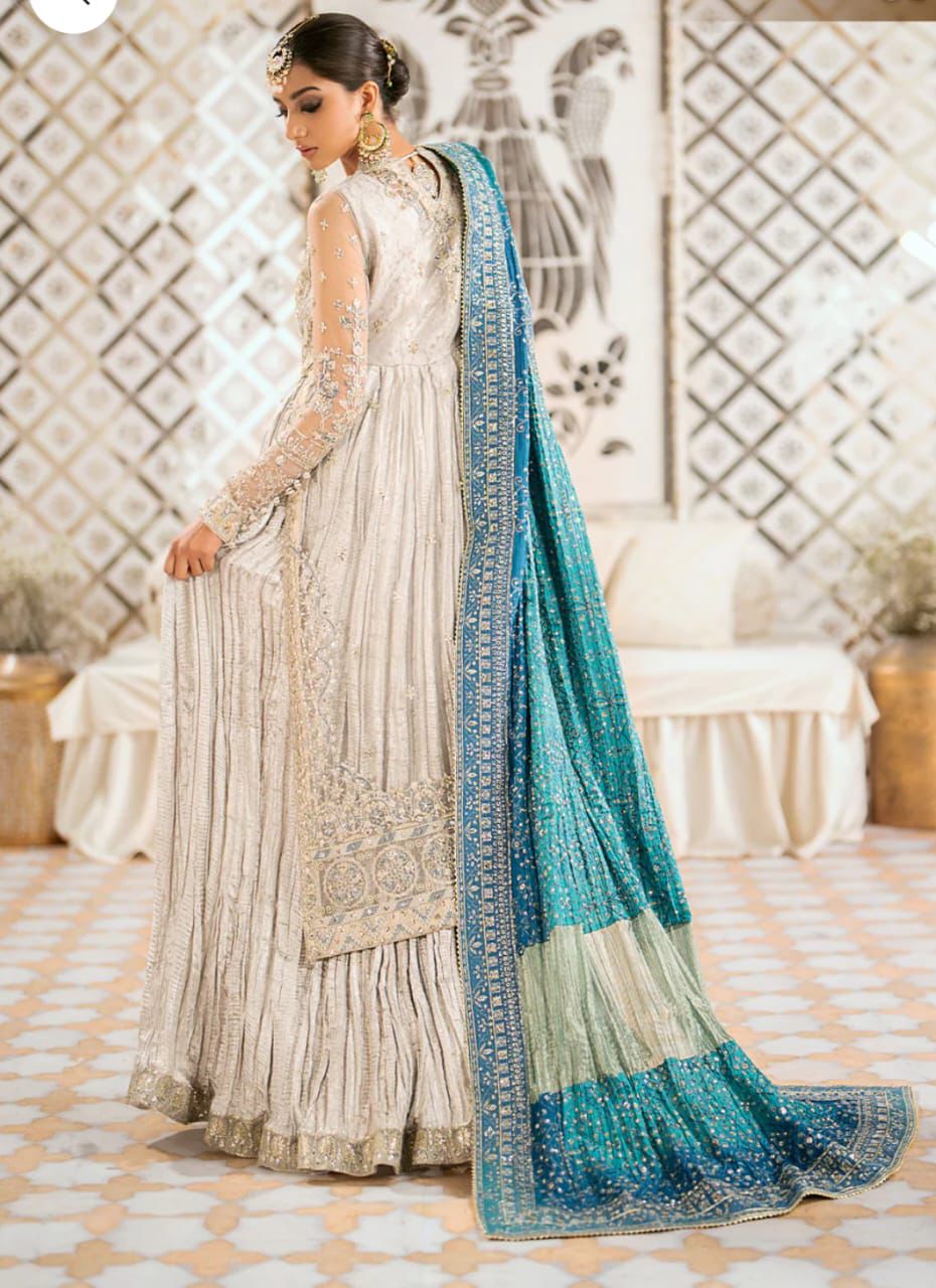 Grey Gharara with Light Blue Embroidered Dupatta | Stitched by Rang