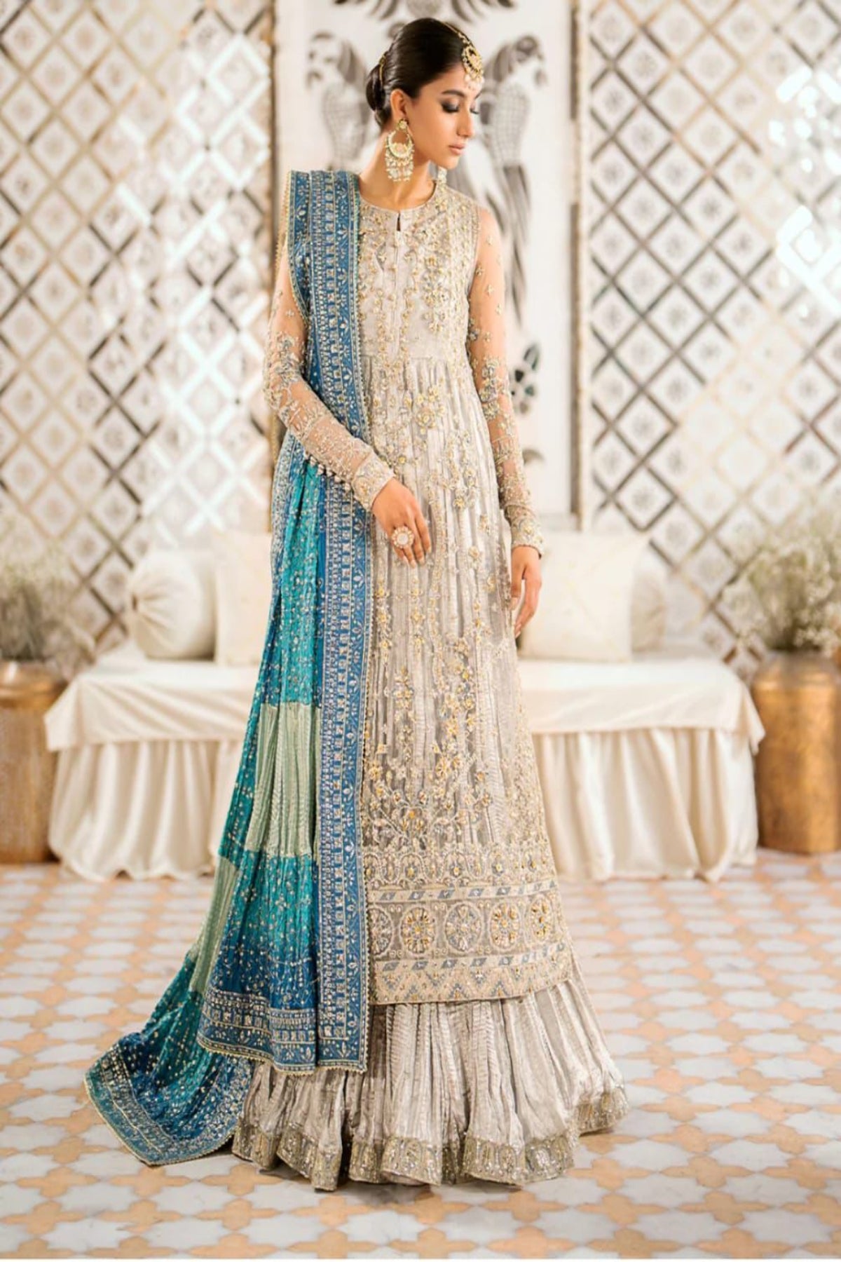 Grey Gharara with Light Blue Embroidered Dupatta | Stitched by Rang