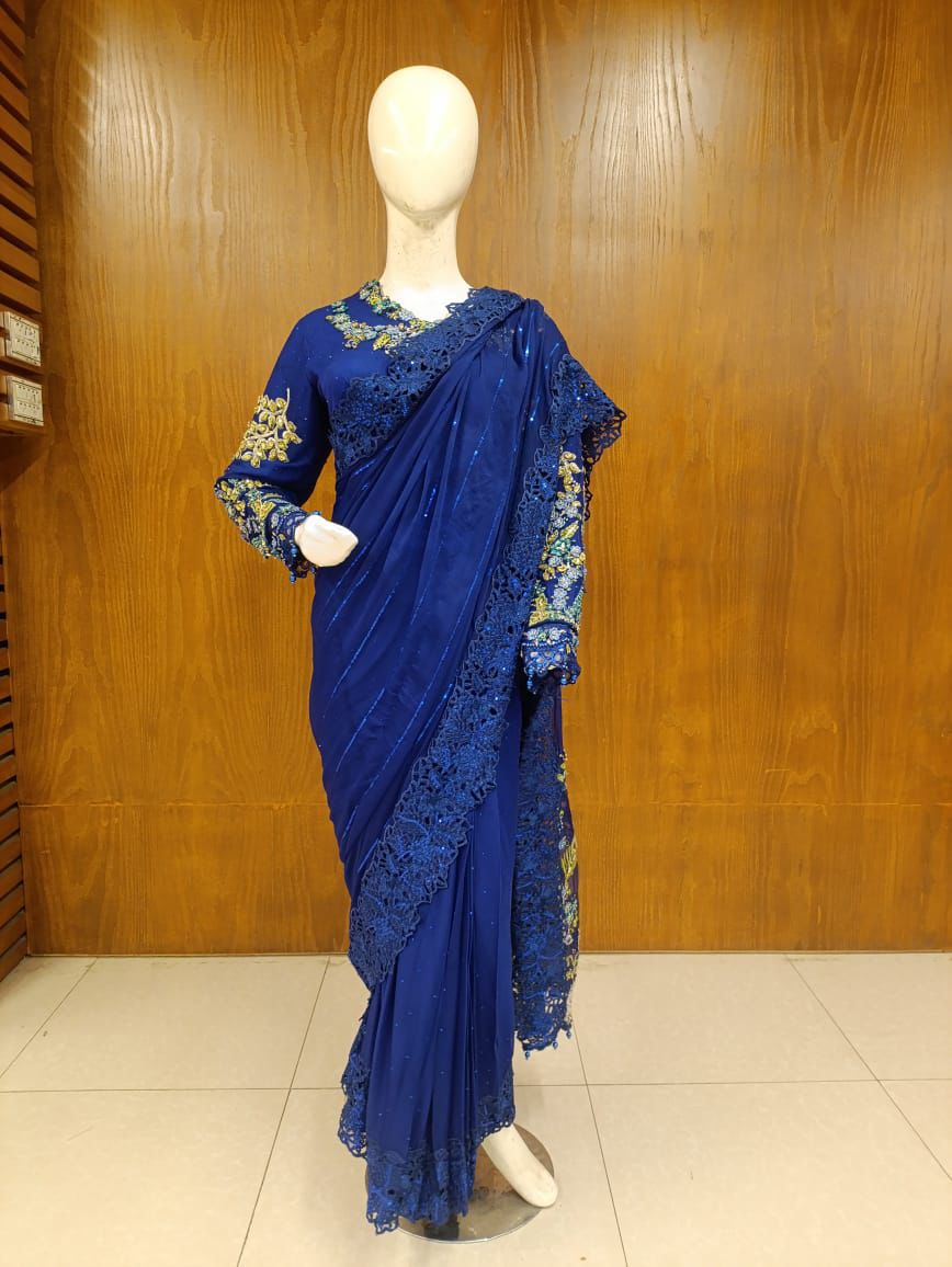 Maria B. | Stitched by Rang | Mbroidered Saree | Inspired | Cobalt Blue BD-2704