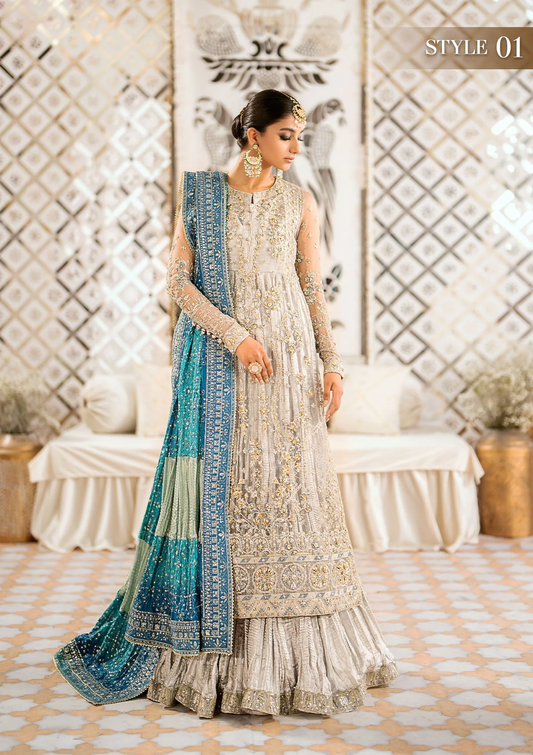 Grey Gharara with Light Blue Embroidered Dupatta | Stitched by Rang
